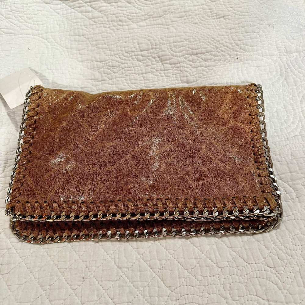 Brand New beige glazed leather silver chain clutch shoulder bag NWT